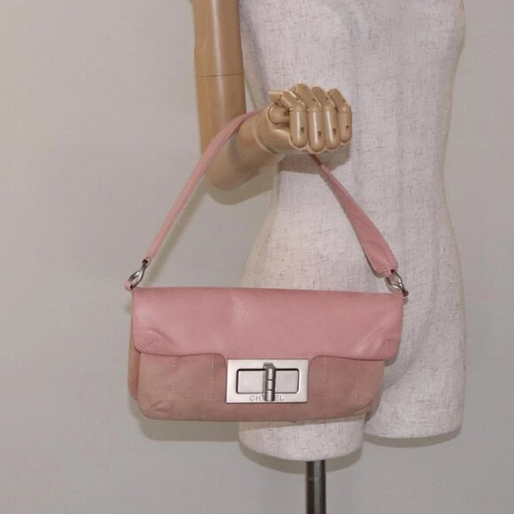 CHANEL Choco Bar Shoulder Bag Suede Pink Silver CC Auth 132385 - Picture 14 of 16